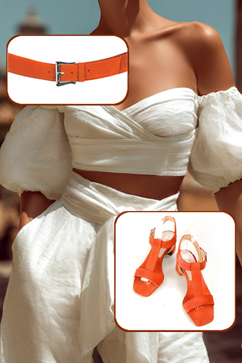 Matching clementine orange elegant fully open instep strap sandals and luxurious belt - Set view